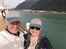 Juneau -- Ship, selfie of Paul & Lydia, town in background