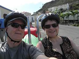 Between Philipsburg & Orient Beach -- Selfie of Paul & Lydia in Scoot Coupe (aka FunMobile)