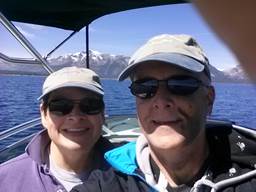 Lake Tahoe -- Rental boat, selfie of Lydia & Paul (cell cam)